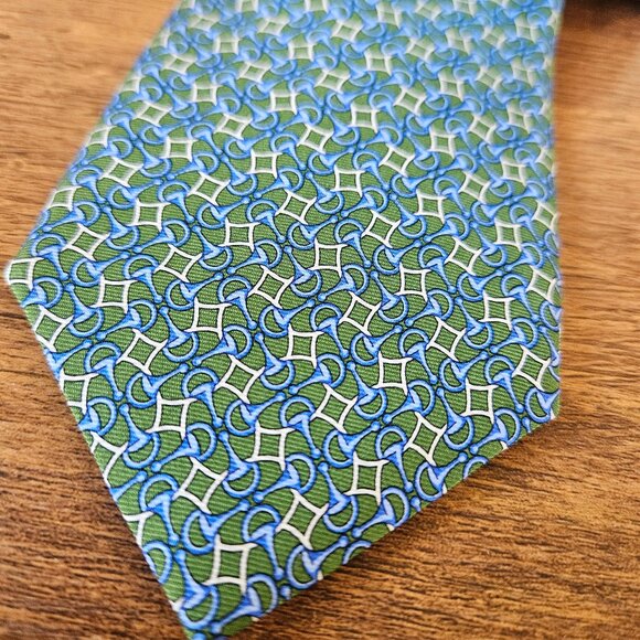 Brooks Brothers Silk Print Tie Horse Bit Green Blue Italy USA Preppy Equestrian - Picture 5 of 7